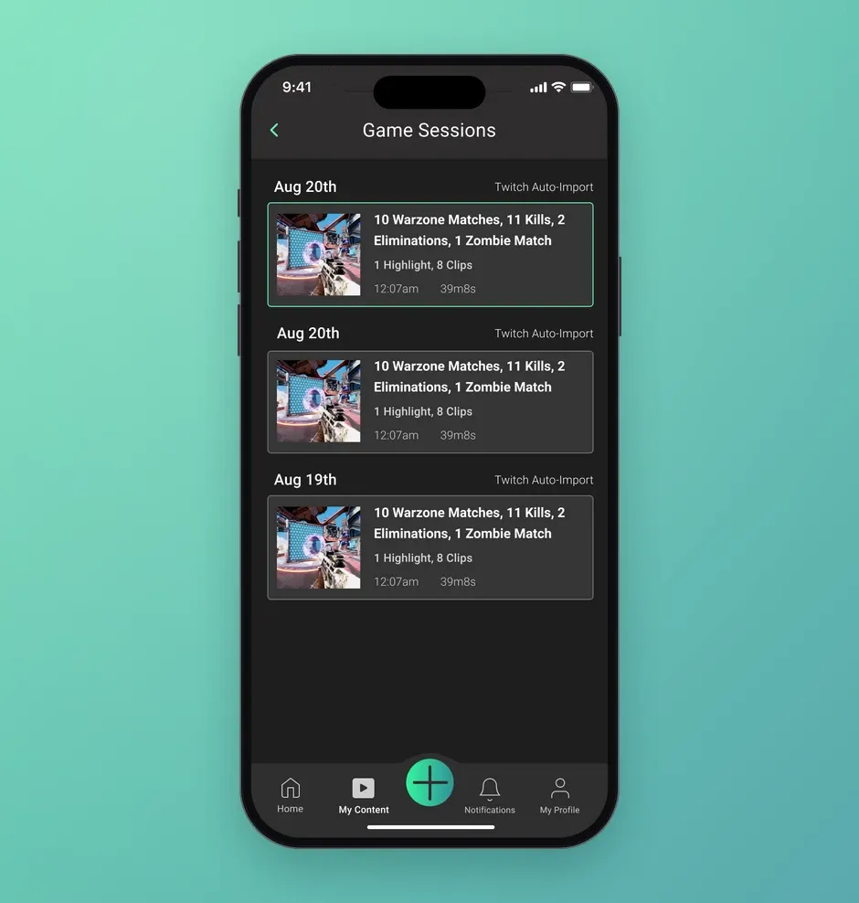 Game Sessions, auto-imported from Twitch, each summarising matches, kills, highlights and clips.