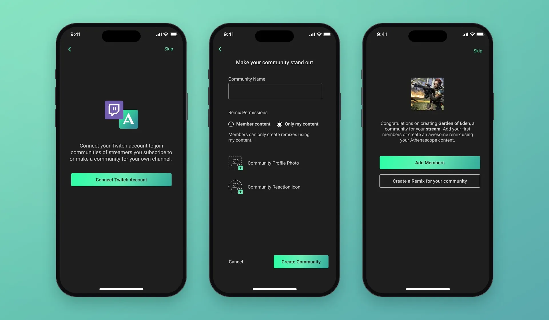 Three onboarding steps: connect your Twitch account, set up your community and its remix permissions, and the community created, ready to add members or make a remix.