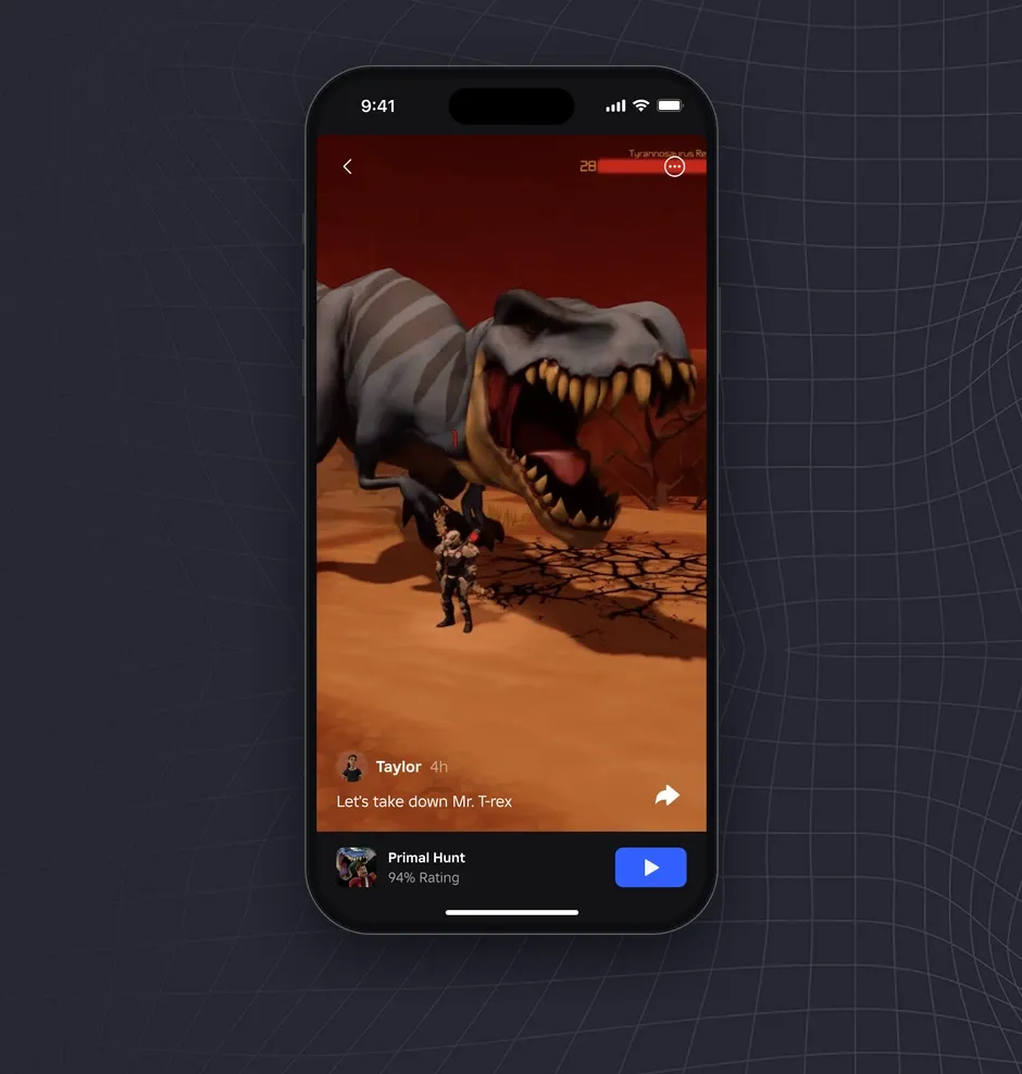 A Moment from Taylor in Primal Hunt, with the experience and a play button to join it.