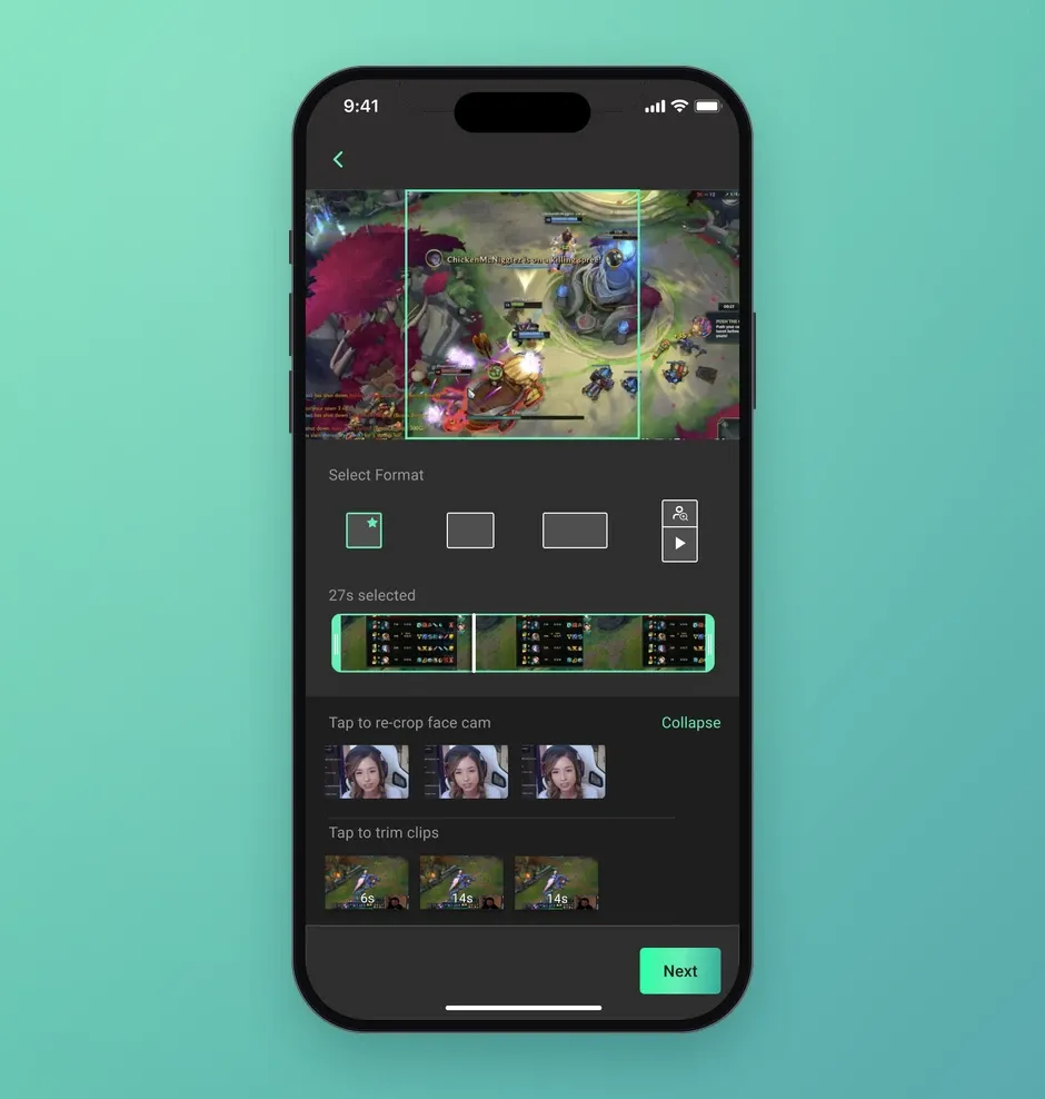 The remix editor choosing a vertical format, re-cropping the facecam and trimming clips.