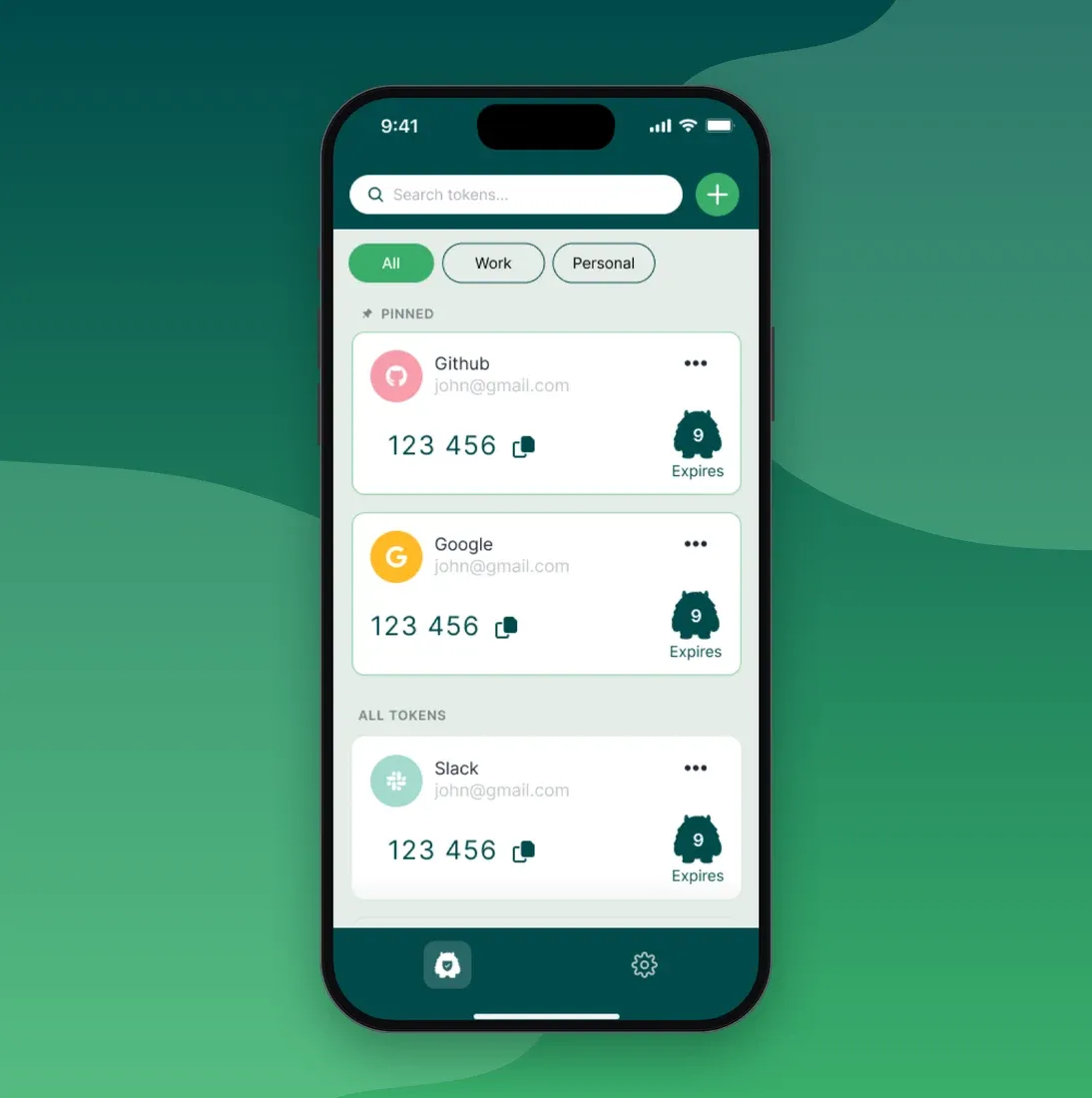 Three AuthMonster screens on green: scanning a QR code to add a token, the token list with Github and Google pinned above the rest, and importing tokens from another authenticator, with the monster juggling coins.